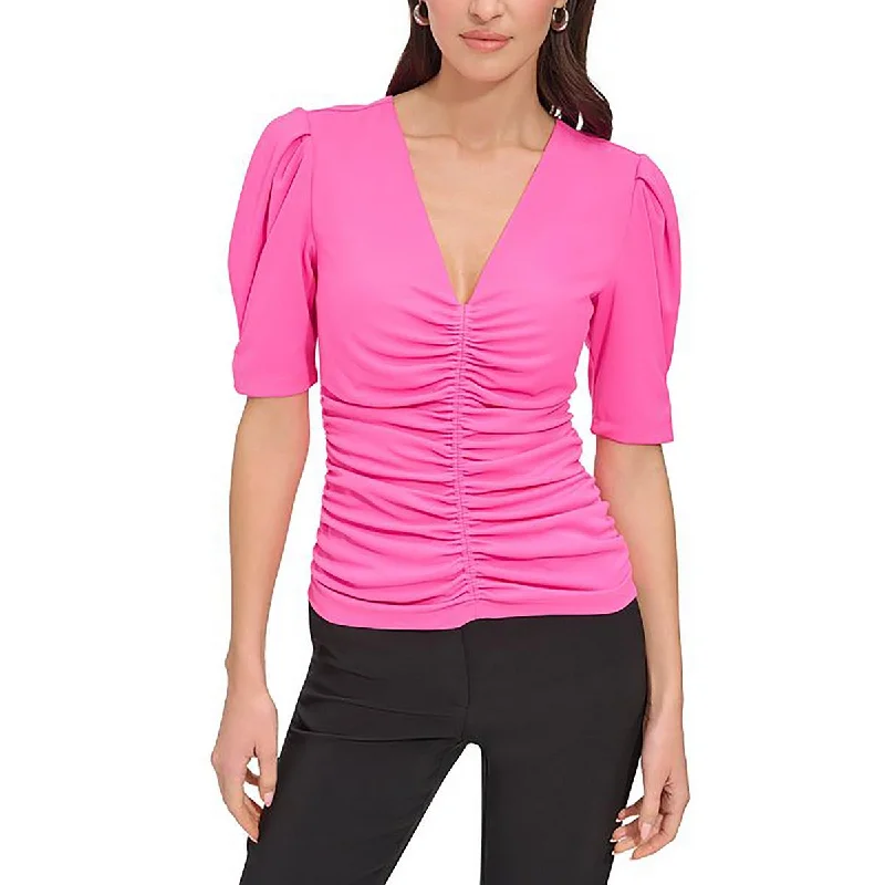 DKNY Womens Ruched V Neck Pullover Top