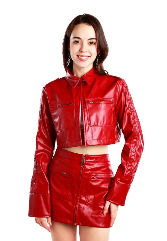 Red or Cream Faux Leather Crop Jackets