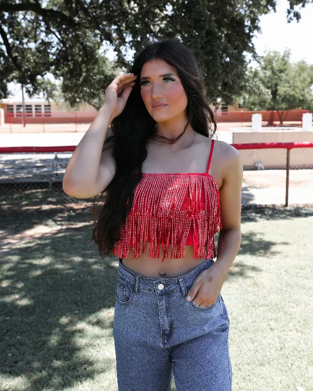 "KC" Brandi Red Metallic Fringe Crop Top: Small