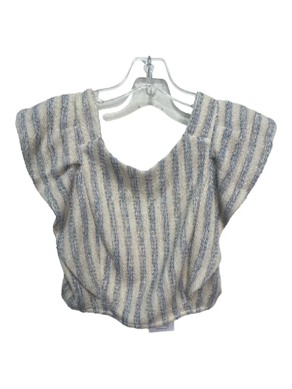 Koc Size S Beige & Blue Cotton Blend Striped Crop Cap Sleeve Back Zip Top