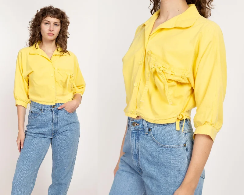 Large 80s Yellow Cotton Button Up Crop Top