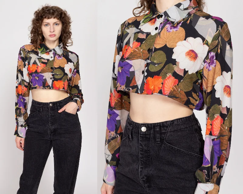 Large 90s Black Floral Cropped Blouse