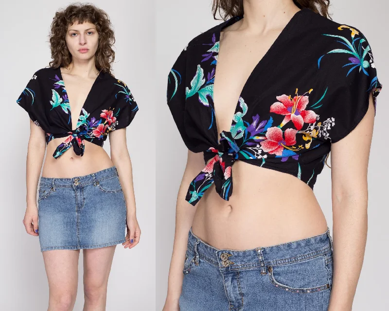 Lrg-XL 80s Black Tropical Floral Tie Front Crop Top