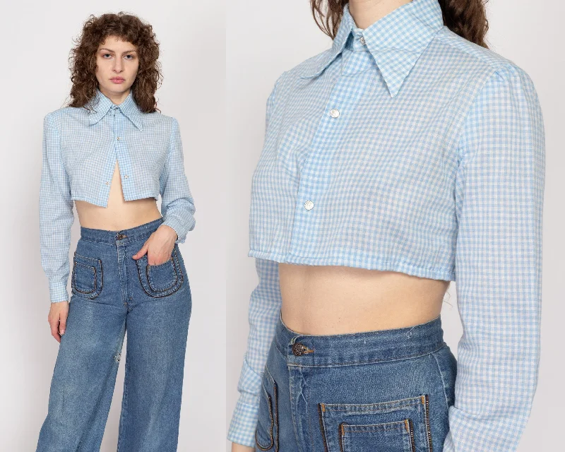 Medium 70s Blue Gingham Cropped Long Sleeve Shirt