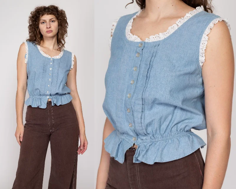 Medium 70s Boho Blue Chambray Fitted Waist Crop Top