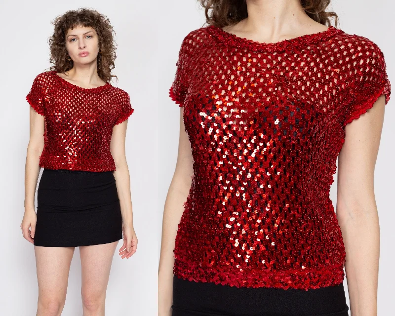 Medium 70s Red Sequin Disco Crop Top