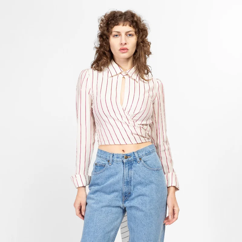 Medium 90s Silk White & Red Striped Tie Back Crop Top