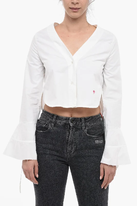 Palm Angels Cropped Asymmetric BASEBALL Blouse With Bell Sleeves