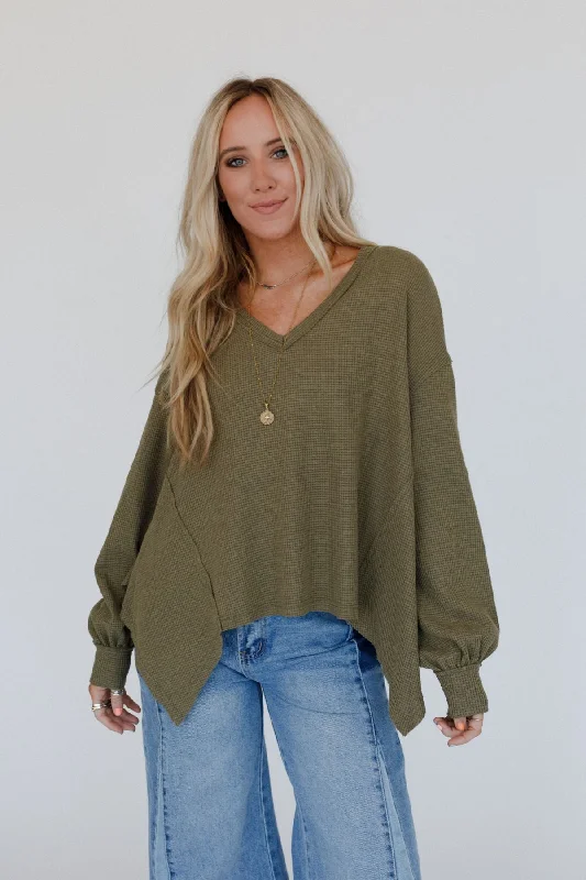 Poetry Thermal V Neck Top - Olive