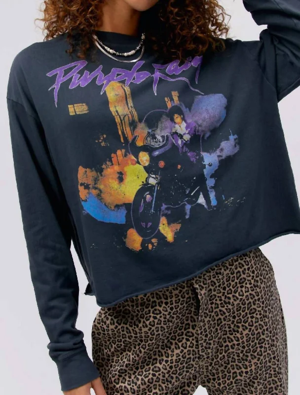 Prince Purple Rain Long Sleeve Crop Tee Top In Vintage Black