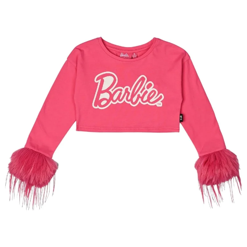 BARBIE FEATHER TRIM LONG SLEEVE CROP TOP