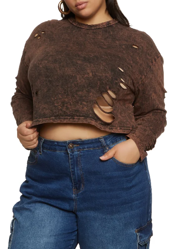 Plus Size Acid Wash Laser Cut Crop Top