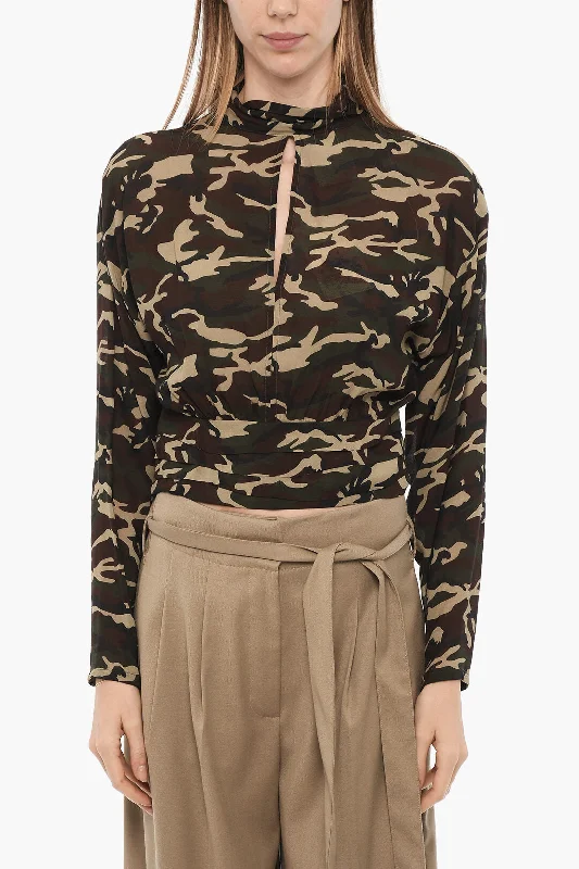 SEMICOUTURE Camouflage Cropped Blouse with Cut Out Detail