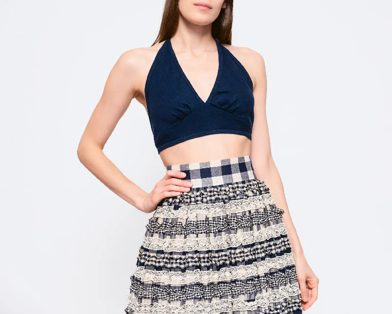 Sm-Lrg 70s Navy Blue Halter Crop Top