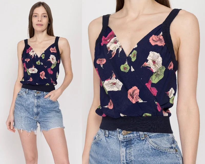 Small 80s Navy Blue Floral Cropped Tank