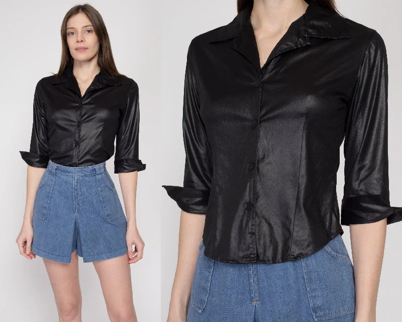 Small 90s Black Wet Look Cropped Shirt