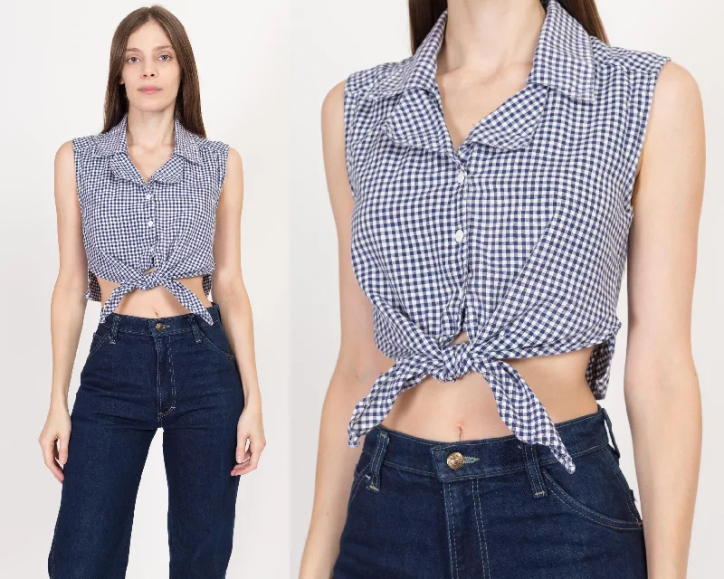 Small 90s Navy Blue & White Gingham Tie Front Crop Top