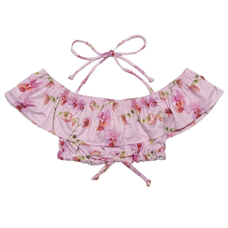 FLORAL ORCHIDS RUFFLE CROP TOP