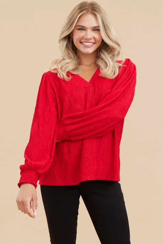 Texture V-neck Blouse {Red}