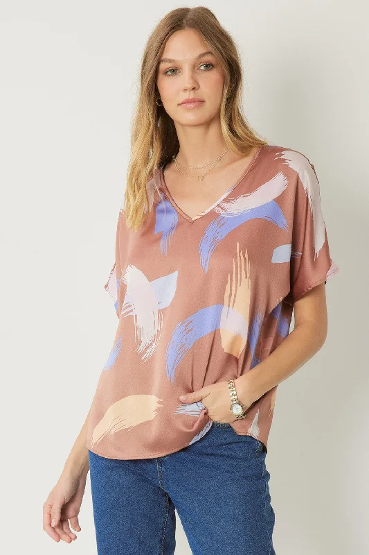 Brushstroke V-Neck Top, Brown