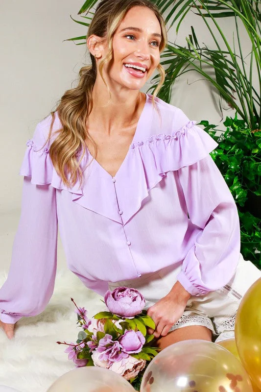 Lavender V Neck Ruffled Shoulder Button Trim Blouse