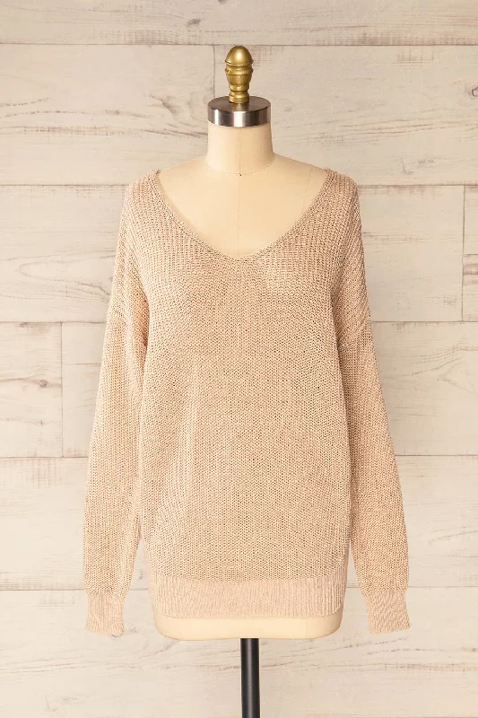 Miechow Tan | V-Neck Knitted Sweater