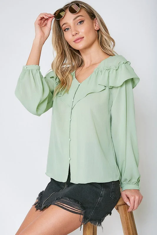 Sage V Neck Ruffled Shoulder Button Trim Blouse