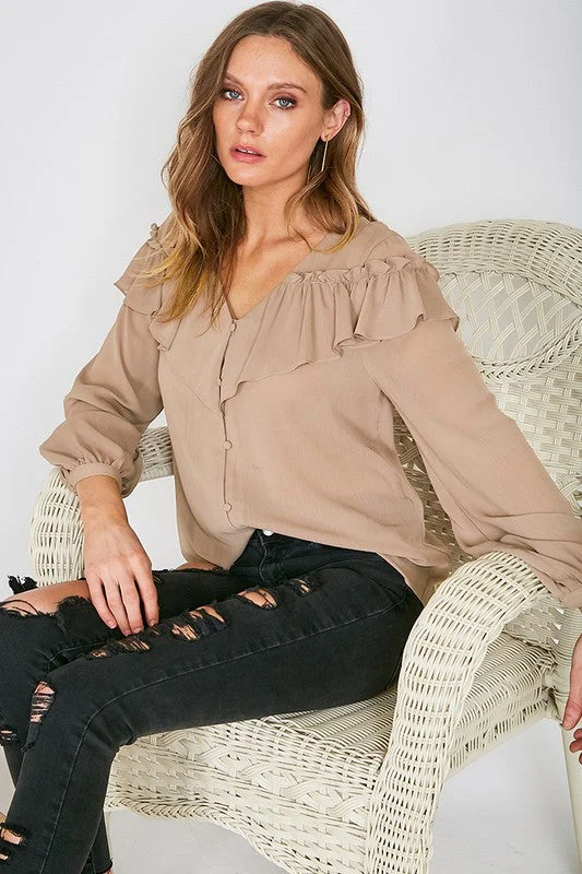 Taupe V Neck Ruffled Shoulder Button Trim Blouse