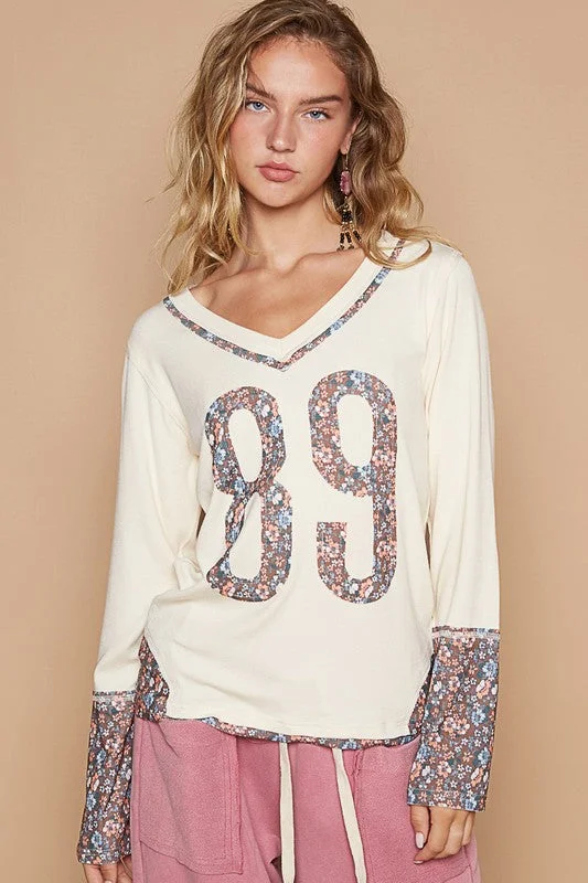 Butter Milk V-Neck Long Sleeve Floral Print Number Patch Top