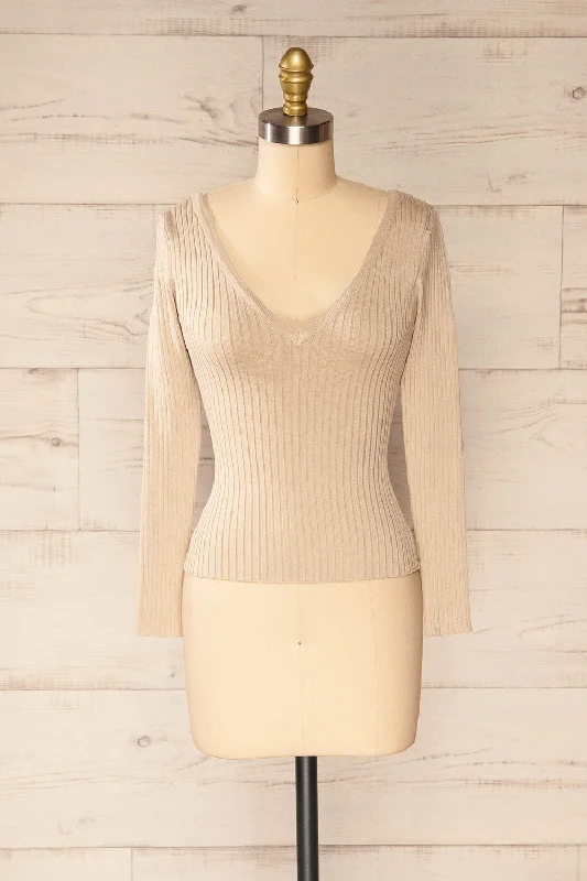 Vantaa Beige | Ribbed V-Neck Top